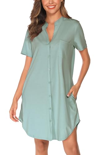Vlazom Damen Nachthemd V-Ausschnitt Kurzarm Schlafkleid Sommer Schlafhemdmit Knöpfe und Seitentaschen（XL，Stil B-Hellgrün） von Vlazom