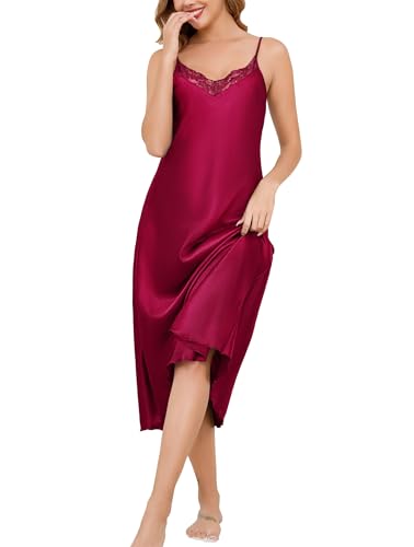 Vlazom Damen Nachthemd V-Ausschnitt Satin Sexy Negligee Extra Langes Schlafkleid Babydoll mit Spitzen（XXL，Fuchsie） von Vlazom