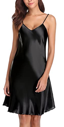 Vlazom Damen Nachthemd Satin Sexy Negligee Unterkleid mit Spaghettiträger V Ausschnitt Nachtkleid für Frauen(L,Stil A-Schwarz) von Vlazom