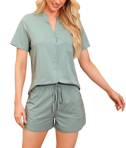 Vlazom Damen Pyjama Schlafanzug Kurz Baumwolle Sommer Nachtwäsche V Aussschnitt mit Knöpfe und Taschen（L,Hell Grün） von Vlazom
