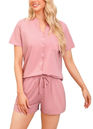 Vlazom Damen Pyjama Schlafanzug Kurz Baumwolle Sommer Nachtwäsche V Aussschnitt mit Knöpfe und Taschen（L,Rosa） von Vlazom