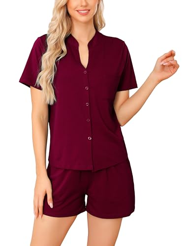 Vlazom Damen Pyjama Schlafanzug Kurz Baumwolle Sommer Nachtwäsche V Aussschnitt mit Knöpfe und Taschen（M,Rot） von Vlazom