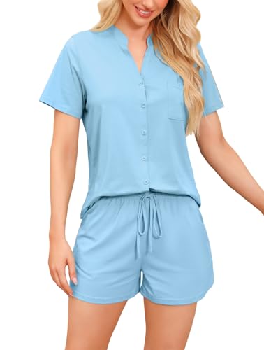 Vlazom Damen Pyjama Schlafanzug Kurz Baumwolle Sommer Nachtwäsche V Aussschnitt mit Knöpfe und Taschen（S，Hellblau） von Vlazom