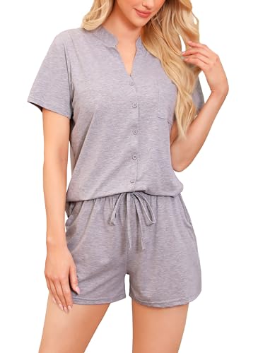Vlazom Damen Pyjama Schlafanzug Kurz Baumwolle Sommer Nachtwäsche V Aussschnitt mit Knöpfe und Taschen（M,Hell Grau） von Vlazom