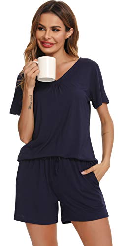 Vlazom Damen Pyjama Schlafanzug Kurz Sommer Pyjama Set Baumwolle Nachtwäsche Kurzarm V Aussschnitt Sleepwear mit Kordelzug & Seitentasche(M,Stil B-Marineblau) von Vlazom