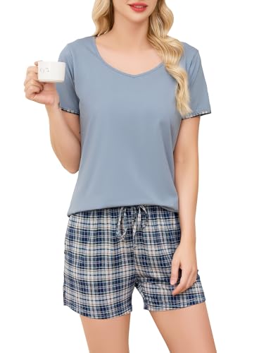Vlazom Damen Pyjama Schlafanzug Kurz Sommer Pyjama Set Baumwolle Nachtwäsche Kurzarm V Aussschnitt Sleepwear mit Kordelzug & Seitentasche（M，Stil D-Hellblau） von Vlazom