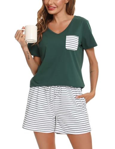 Vlazom Damen Pyjama Schlafanzug Kurz Sommer Pyjama Set Baumwolle Nachtwäsche Kurzarm V Aussschnitt Sleepwear mit Kordelzug & Seitentasche(S,Stil A-Dunkelgrün) von Vlazom