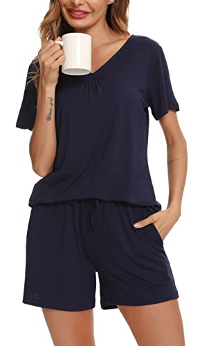 Vlazom Damen Pyjama Schlafanzug Kurz Sommer Pyjama Set Modal Nachtwäsche Kurzarm V Aussschnitt Sleepwear mit Kordelzug & Seitentasche（Stil B-Marineblau，XL） von Vlazom