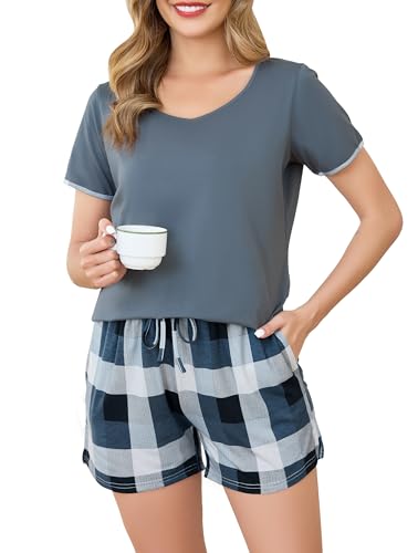 Vlazom Damen Pyjama Schlafanzug Kurz Sommer Pyjama Set Baumwolle Nachtwäsche Kurzarm V Aussschnitt Sleepwear mit Kordelzug & Seitentasche（XL，Stil D-Graublau） von Vlazom