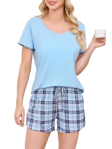 Vlazom Damen Pyjama Schlafanzug Kurz Sommer Pyjama Set Baumwolle Nachtwäsche Kurzarm V Aussschnitt Sleepwear mit Kordelzug & Seitentasche（XXL，Stil D-Himmelblau） von Vlazom