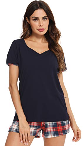 Vlazom Damen Pyjama Schlafanzug Kurz Sommer Pyjama Set Baumwolle Nachtwäsche Kurzarm V Aussschnitt Sleepwear mit Kordelzug & Seitentasche,S-blau,S von Vlazom