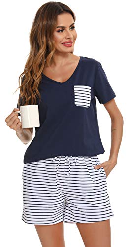 Vlazom Damen Pyjama Schlafanzug Kurz Sommer Pyjama Set Baumwolle Nachtwäsche Kurzarm V Aussschnitt Sleepwear mit Kordelzug & Seitentasche(M,Stil A-Dunkelblau) von Vlazom