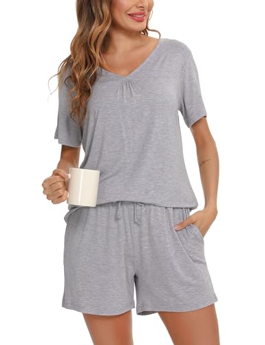 Vlazom Damen Pyjama Schlafanzug Kurz Sommer Pyjama Set Modal Nachtwäsche Kurzarm V Aussschnitt Sleepwear mit Kordelzug & Seitentasche（Stil B-Grau，S） von Vlazom