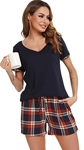 Vlazom Damen Pyjama Schlafanzug Kurz Sommer Pyjama Set Baumwolle Nachtwäsche Kurzarm V Aussschnitt Sleepwear mit Kordelzug & Seitentasche(M,Stil D-Blau) von Vlazom