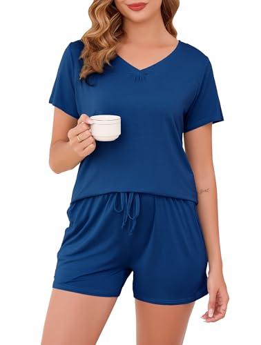 Vlazom Damen Pyjama Schlafanzug Kurz Sommer Pyjama Set Modal Nachtwäsche Kurzarm V Aussschnitt Sleepwear mit Kordelzug & Seitentasche（Stil B-Kobaltblau，M） von Vlazom