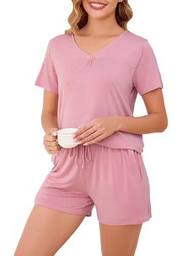 Vlazom Damen Pyjama Schlafanzug Kurz Sommer Pyjama Set Modal Nachtwäsche Kurzarm V Aussschnitt Sleepwear mit Kordelzug & Seitentasche（Stil B-Rosa，XL） von Vlazom