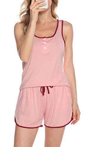 Vlazom Damen Pyjama Set Sommer Schlafanzug V-Ausschnitt Zweiteiliger Schlafanzug für Damen Kurzer Hausanzug(L,Rosa) von Vlazom