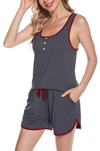 Vlazom Damen Pyjama Set Sommer Schlafanzug V-Ausschnitt Zweiteiliger Schlafanzug für Damen Kurzer Hausanzug(M,Dunkelgrau) von Vlazom