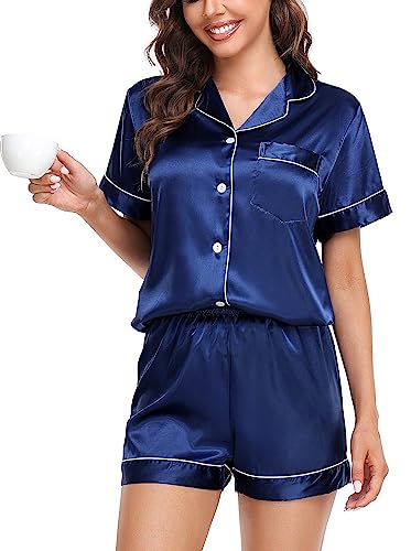 Vlazom Damen Satin Schlafanzug Kurzarm Satin Pyjama Set mit Knopfleiste Zweiteiliger Hausanzug（M,Marineblau von Vlazom