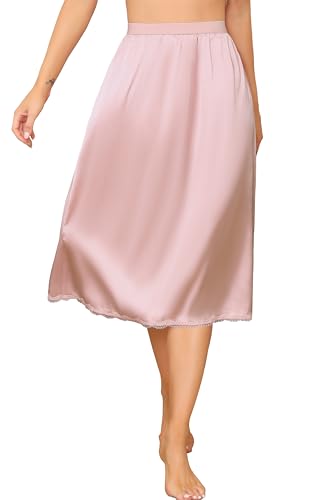 Vlazom Damen Satin Unterrock Lang Rock Petticoat mit Spitze Elastische Taille Halbe Slips für Unterkleider（L，Fleisch Rosa） von Vlazom