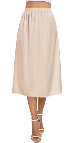 Vlazom Damen Satin Unterrock Lang Rock Petticoat mit Spitze Elastische Taille Halbe Slips für Unterkleider（M，Nude） von Vlazom