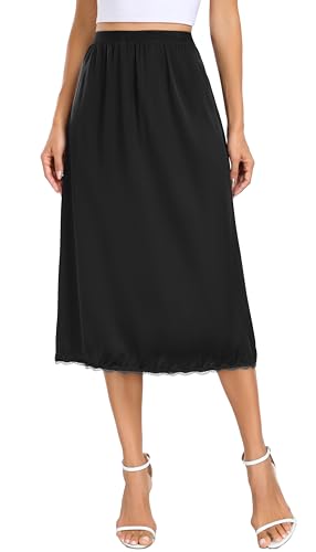 Vlazom Damen Satin Unterrock Lang Rock Petticoat mit Spitze Elastische Taille Halbe Slips für Unterkleider（M，Schwarz） von Vlazom
