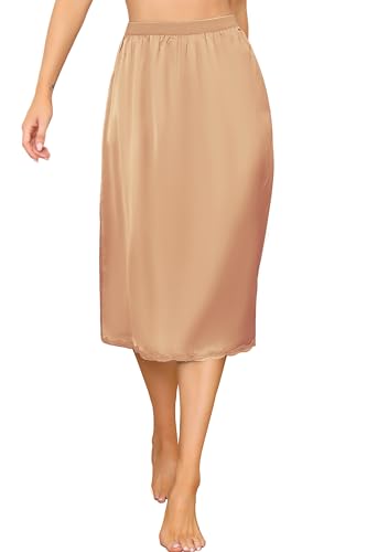 Vlazom Damen Satin Unterrock Lang Rock Petticoat mit Spitze Elastische Taille Halbe Slips für Unterkleider（S，Tief Champagner） von Vlazom