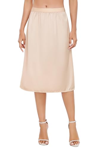 Vlazom Damen Satin Unterrock kurz Petticoat Knielang Unsichtbar Kleid Rock mit Spitze Halbrock für Damen（L，Nude） von Vlazom