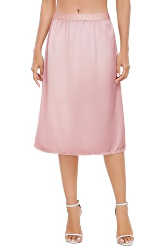 Vlazom Damen Satin Unterrock kurz Petticoat Knielang Unsichtbar Kleid Rock mit Spitze Halbrock für Damen（L，Rosa） von Vlazom