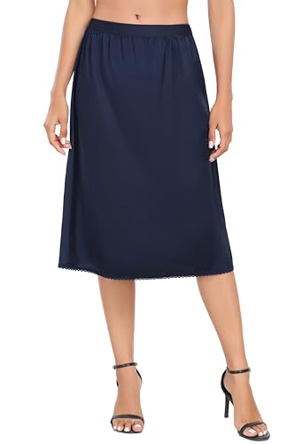 Vlazom Damen Satin Unterrock kurz Petticoat Knielang Unsichtbar Kleid Rock mit Spitze Halbrock für Damen（XL，Marineblau） von Vlazom