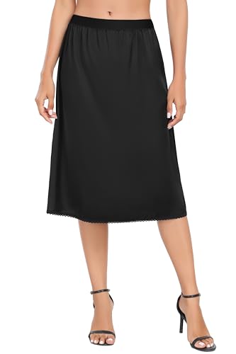 Vlazom Damen Satin Unterrock kurz Petticoat Knielang Unsichtbar Kleid Rock mit Spitze Halbrock für Damen（XXL，Schwarz） von Vlazom