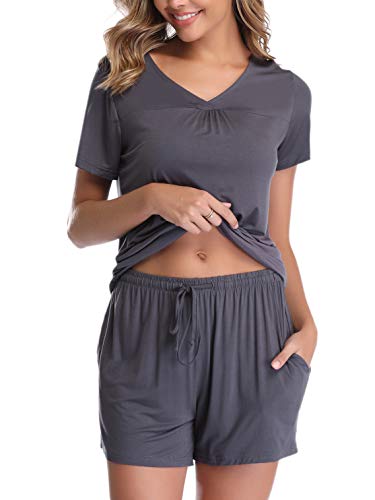 Vlazom Damen Schlafanzug Baumwolle Pyjama Set Weich Sommer Nachtwäsche Kurzarm V Aussschnitt Sleepwear mit Kordelzug, Dunkelgrau-stil B, L,Dunkelgrau-stil B,XL Vlazom Damen Schlafanzug Baumwolle Pyjama Set Weich Sommer Nachtwäsche Kurzarm V Aussschnitt Sleepwear mit Kordelzug, Dunkelgrau-stil B, L,Dunkelgrau-stil B,XL von Vlazom