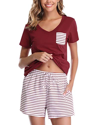 Vlazom Damen Schlafanzug Baumwolle Pyjama Set Weich Sommer Nachtwäsche Kurzarm V Aussschnitt Sleepwear mit Kordelzug, Dunkelrot, L von Vlazom