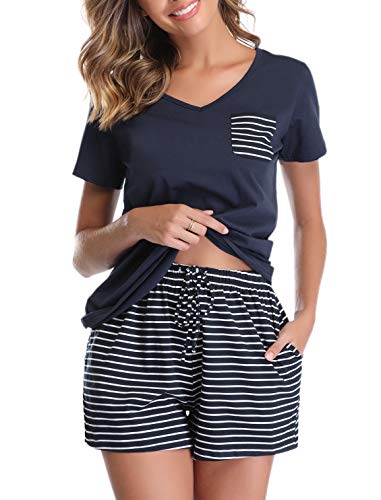 Vlazom Damen Schlafanzug Baumwolle Pyjama Set Weich Sommer Nachtwäsche Kurzarm V Aussschnitt Sleepwear mit Kordelzug, Navyblau, L von Vlazom