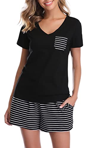 Vlazom Damen Schlafanzug Baumwolle Pyjama Set Weich Sommer Nachtwäsche Kurzarm V Aussschnitt Sleepwear mit Kordelzug, Schwarz, XL Vlazom Damen Schlafanzug Baumwolle Pyjama Set Weich Sommer Nachtwäsche Kurzarm V Aussschnitt Sleepwear mit Kordelzug, Schwarz, XL von Vlazom