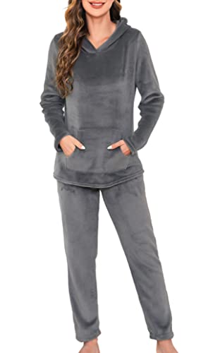 Vlazom Damen Schlafanzug Flanell Hausanzug Winter Pyjama Set Lang Zweiteiliger Schlafanzug（L,Dunkelgrau mit Kapuze） von Vlazom