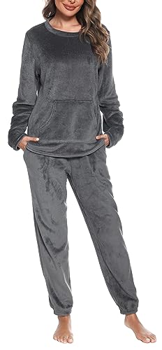 Vlazom Damen Schlafanzug Flanell Hausanzug Winter Pyjama Set Lang Zweiteiliger Schlafanzug（L,Dunkelgrau ohne Kapuze） von Vlazom