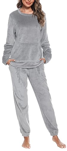 Vlazom Damen Schlafanzug Flanell Hausanzug Winter Pyjama Set Lang Zweiteiliger Schlafanzug（M,Grau ohne Kapuze） von Vlazom