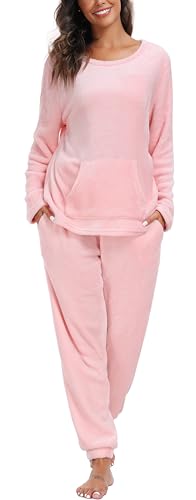 Vlazom Damen Schlafanzug Flanell Hausanzug Winter Pyjama Set Lang Zweiteiliger Schlafanzug（S,Rosa ohne Kapuze） von Vlazom