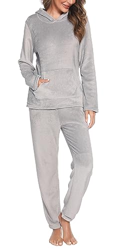 Vlazom Damen Schlafanzug Flanell Hausanzug Winter Pyjama Set Lang Zweiteiliger Schlafanzug（XL,Grau mit Kapuze） von Vlazom