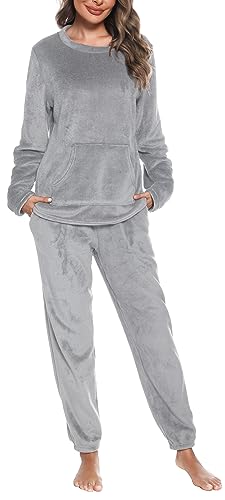 Vlazom Damen Schlafanzug Flanell Hausanzug Winter Pyjama Set Lang Zweiteiliger Schlafanzug（XL,Grau ohne Kapuze） von Vlazom