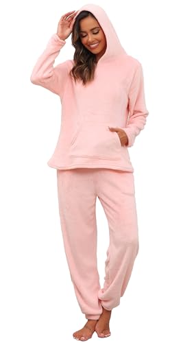 Vlazom Damen Schlafanzug Flanell Hausanzug Winter Pyjama Set Lang Zweiteiliger Schlafanzug（XL,Rosa mit Kapuze） von Vlazom