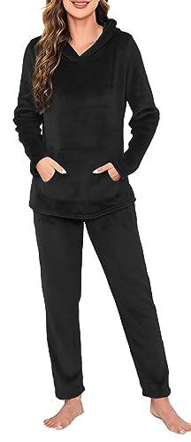 Vlazom Damen Schlafanzug Flanell Hausanzug Winter Pyjama Set Lang Zweiteiliger Schlafanzug（XXL,Schwarz mit Kapuze） von Vlazom