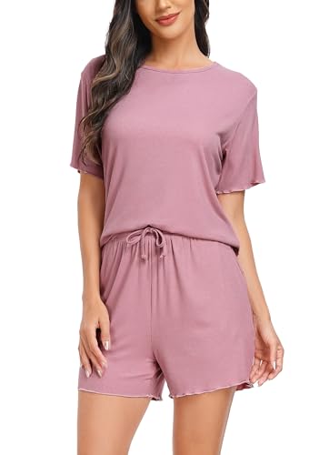 Vlazom Damen Schlafanzug Kurz Nachtwäsche Unifarbenes Pyjama-Set mit Rundhalsausschnitt mit Rüschensaum Sommer（L,Rosa） von Vlazom