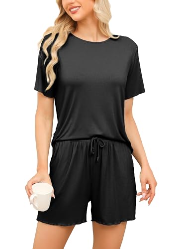 Vlazom Damen Schlafanzug Kurz Nachtwäsche Unifarbenes Pyjama-Set mit Rundhalsausschnitt mit Rüschensaum Sommer（S,Schwarz） von Vlazom