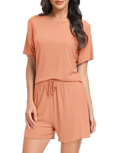 Vlazom Damen Schlafanzug Kurz Nachtwäsche Unifarbenes Pyjama-Set mit Rundhalsausschnitt mit Rüschensaum Sommer（XL，Orange） von Vlazom