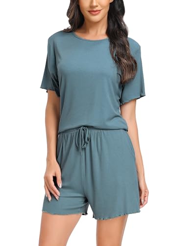 Vlazom Damen Schlafanzug Kurz Nachtwäsche Unifarbenes Pyjama-Set mit Rundhalsausschnitt mit Rüschensaum Sommer（XXL,Dunkel Grün） von Vlazom