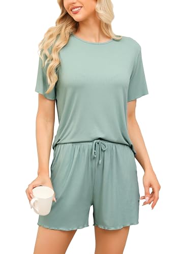 Vlazom Damen Schlafanzug Kurz Nachtwäsche Unifarbenes Pyjama-Set mit Rundhalsausschnitt mit Rüschensaum Sommer（XXL,Hell Grün） von Vlazom