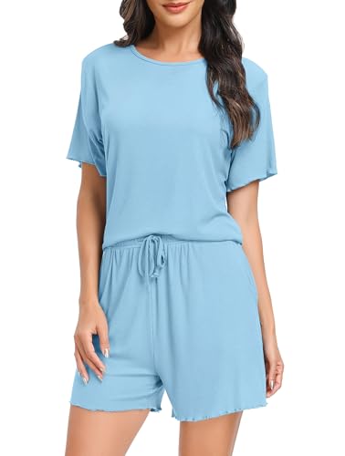 Vlazom Damen Schlafanzug Kurz Nachtwäsche Unifarbenes Pyjama-Set mit Rundhalsausschnitt mit Rüschensaum Sommer（XXL，Hellblau） von Vlazom