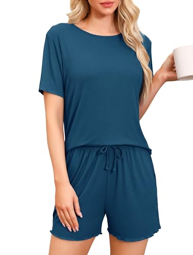 Vlazom Damen Schlafanzug Kurz Nachtwäsche Unifarbenes Pyjama-Set mit Rundhalsausschnitt mit Rüschensaum Sommer（XXL，Pfauenblau） von Vlazom